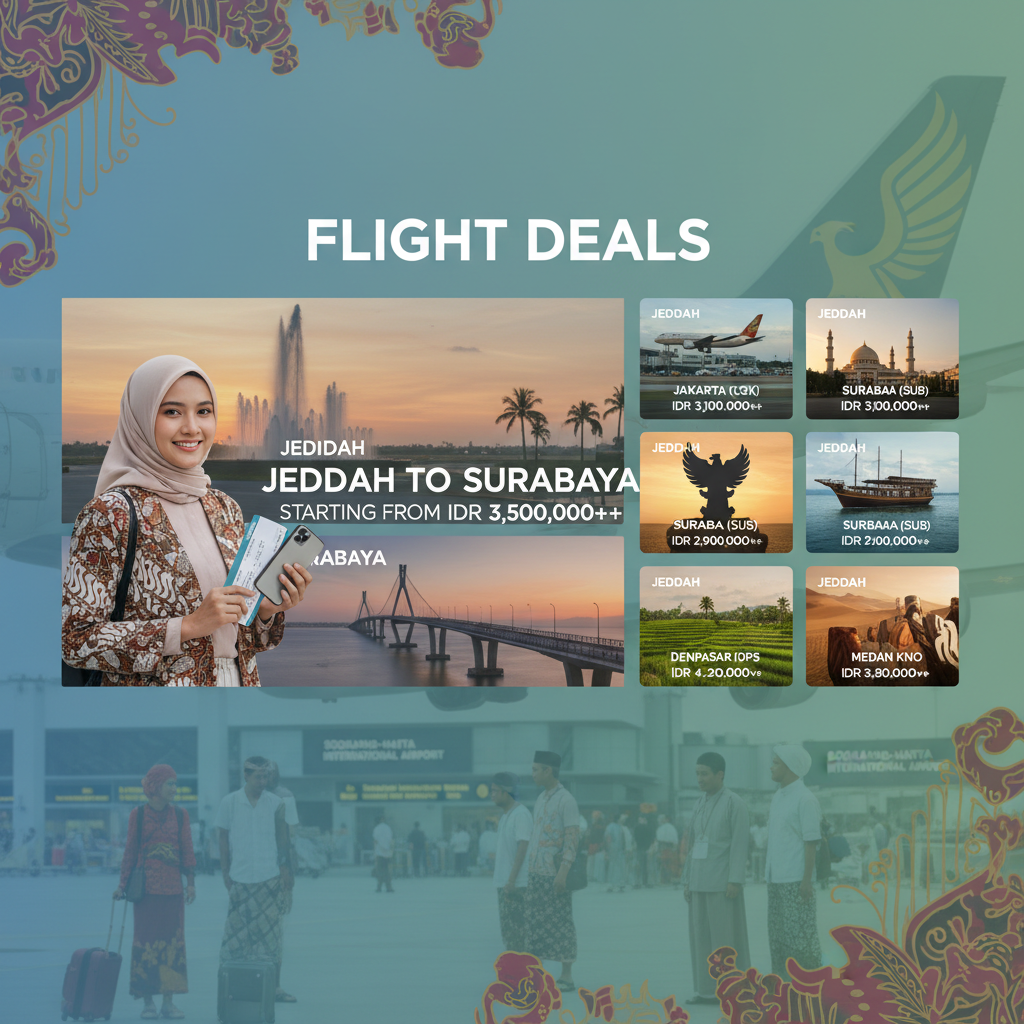 Tiket Jeddah ke Surabaya (JED-SUB) — Maskapai, Harga IDR, Jadwal Umroh 2026