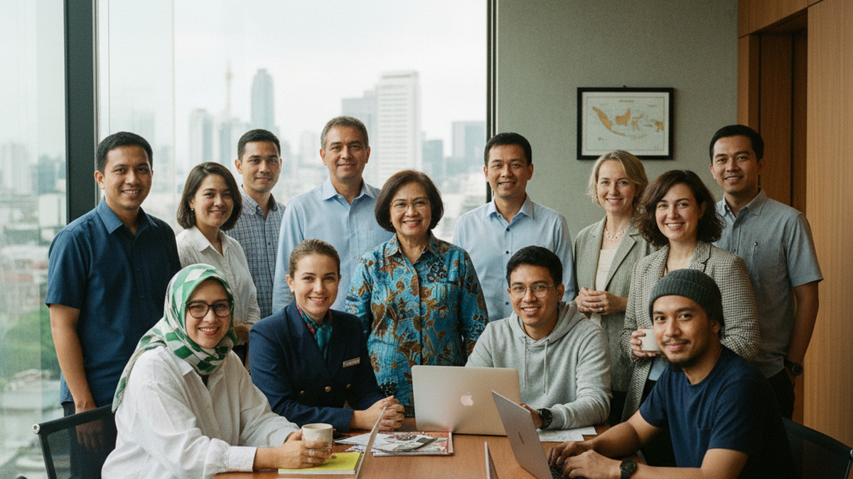 Redaksi SkyIndoFly — 14 jurnalis Indonesia di newsroom Jakarta, batik dan hijab batik-motif, ruang kerja kayu hangat dengan logo paper-plane SkyIndoFly di dinding bata