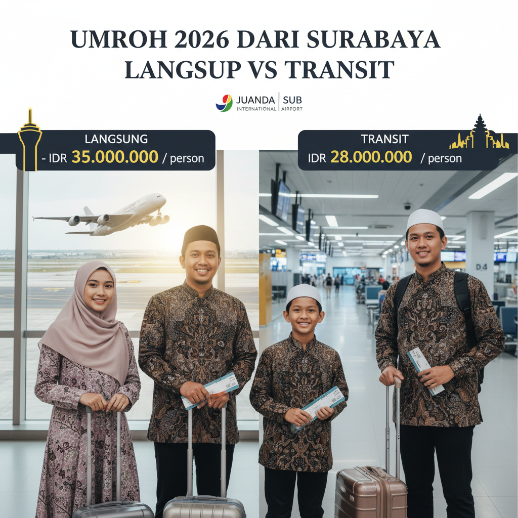 Umrah from Surabaya 2026: Direct to Jeddah vs Transit Jakarta or KL — IDR + Time Breakdown